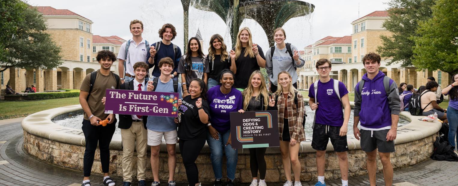 First-generation students in front of Frog Fountain.