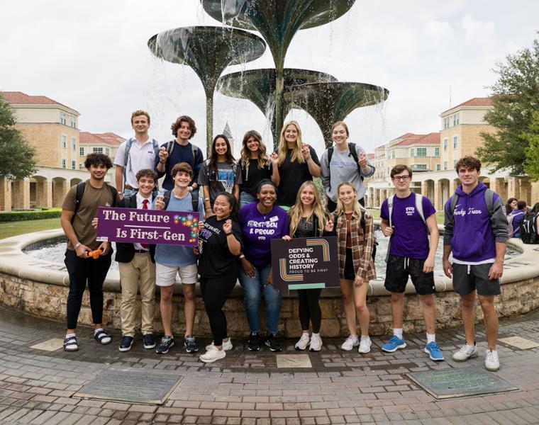 First-generation students in front of Frog Fountain.