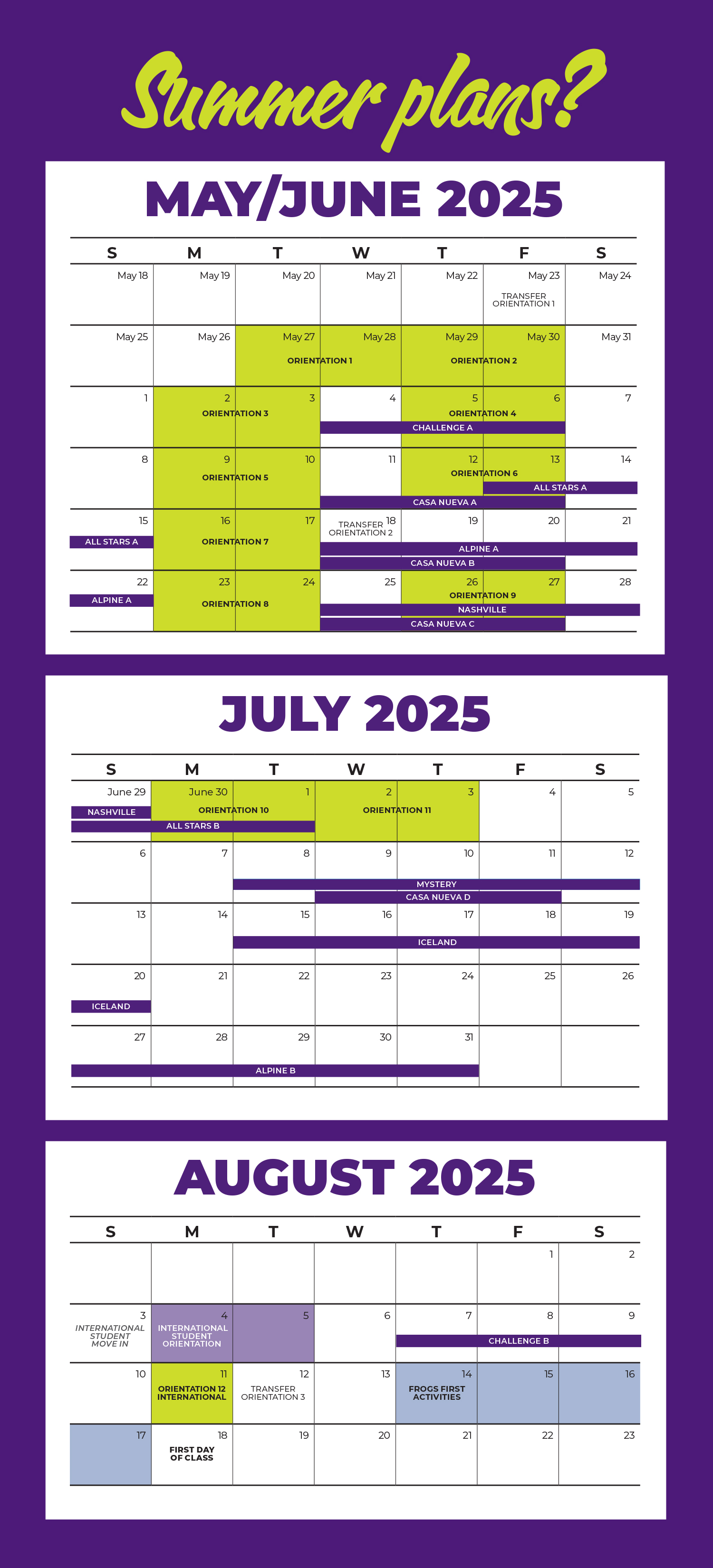 TCU New Student Summer 2025 Calendar