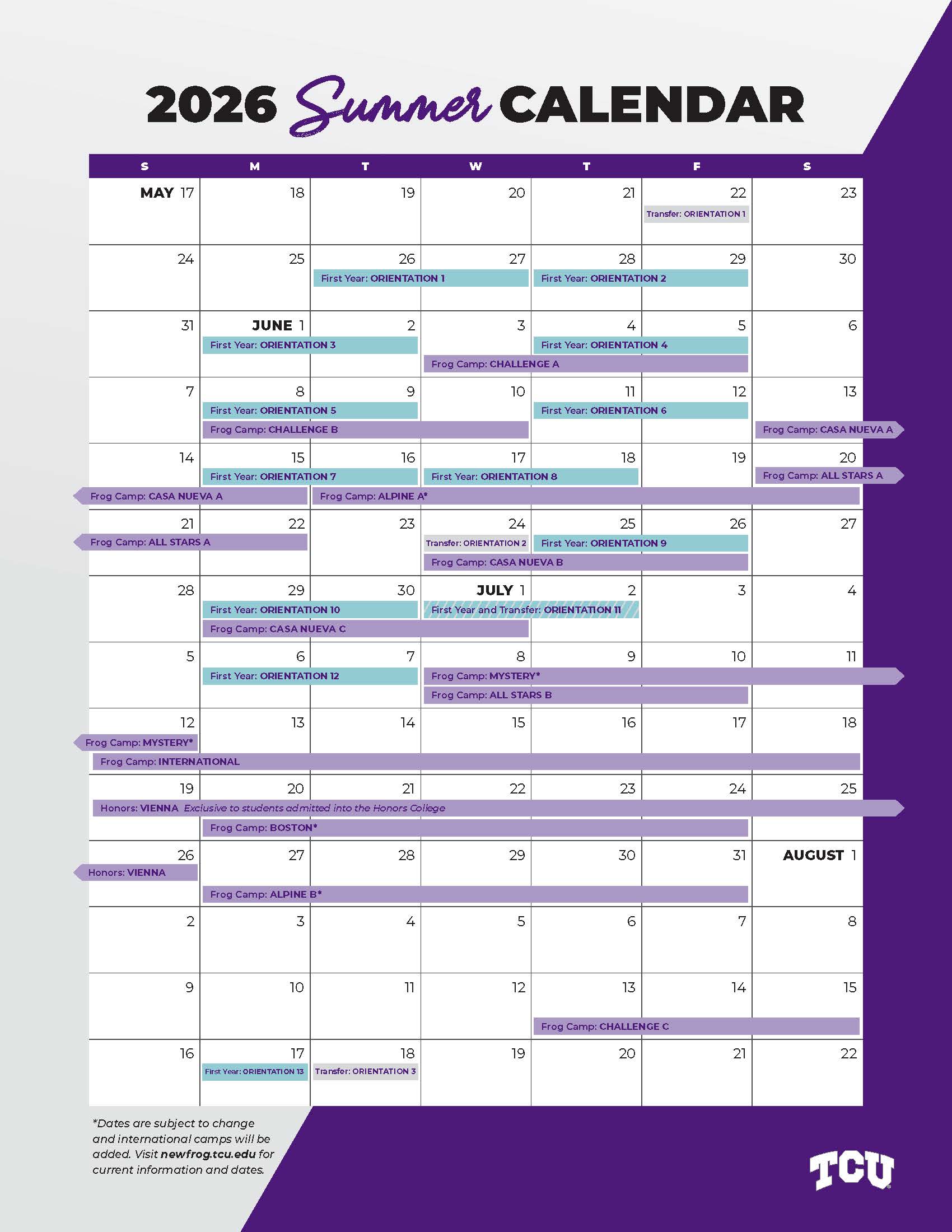 TCU New Student Summer Calendar