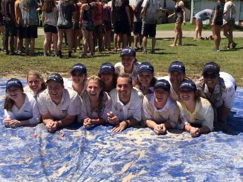 Frog Campers lying on a large blue tarp