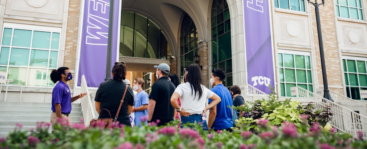 Tour group of prospective students gathered outside of the BLUU