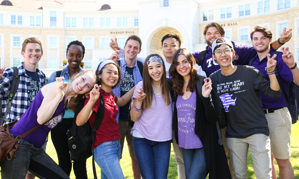 TCU students together in the Campus Commons